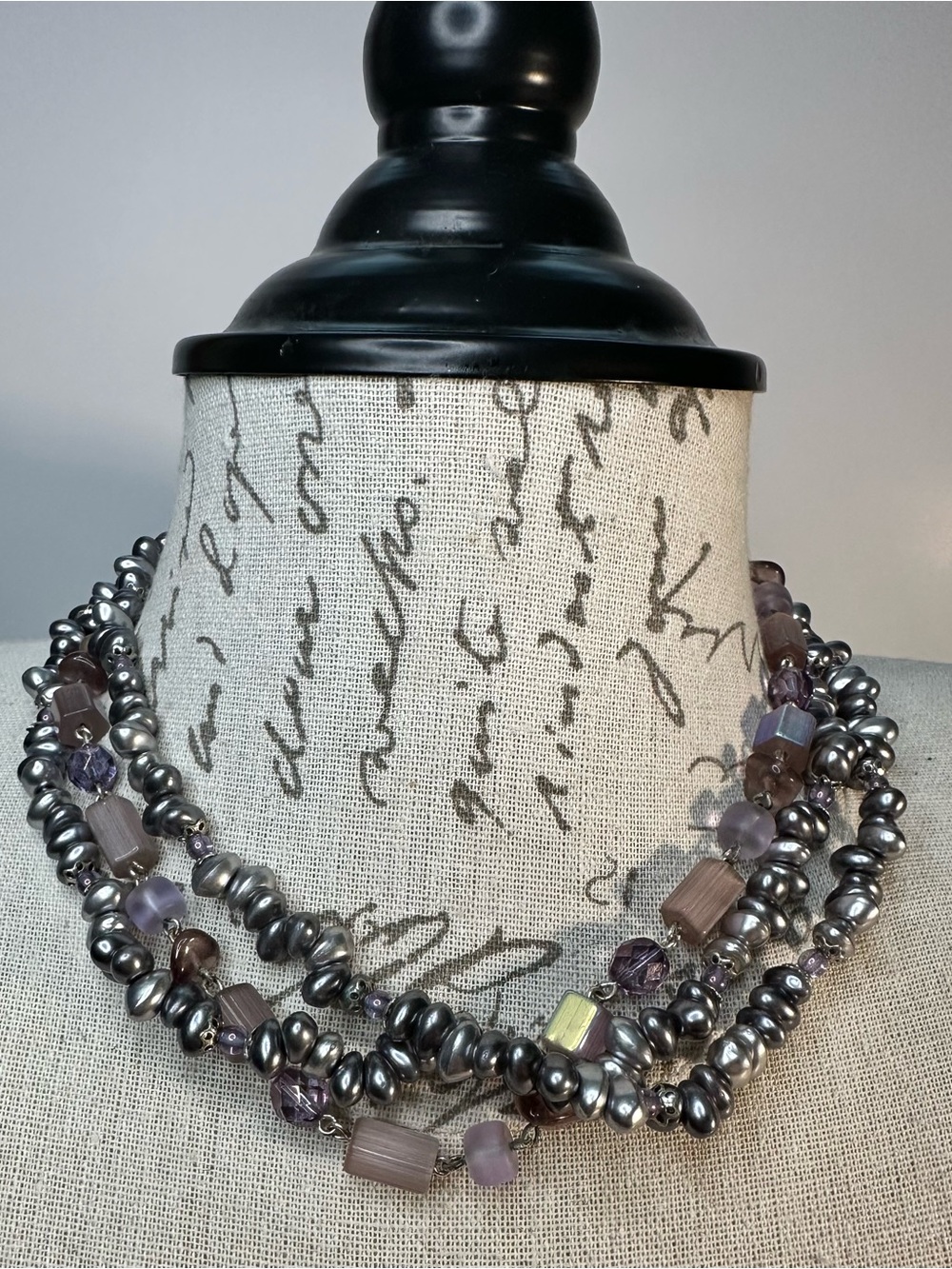 Multi-Strand Silver Gray Freshwater Pearls Lavender Beaded Necklace